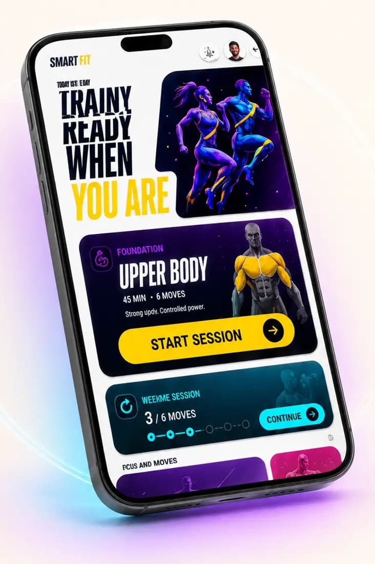 Smart Fit Today screen: Train ready when you are, Upper Body 45 min, 6 moves, Start Session