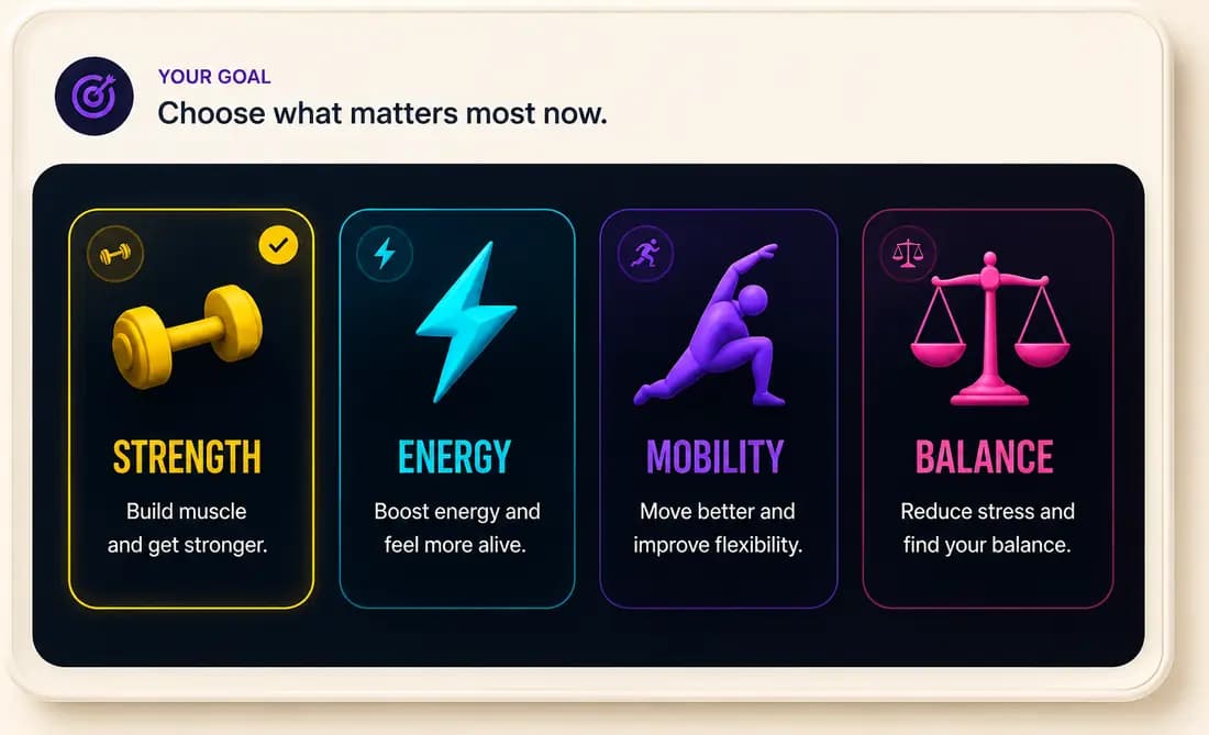 Smart Fit goal picker: Strength, Energy, Mobility, Balance