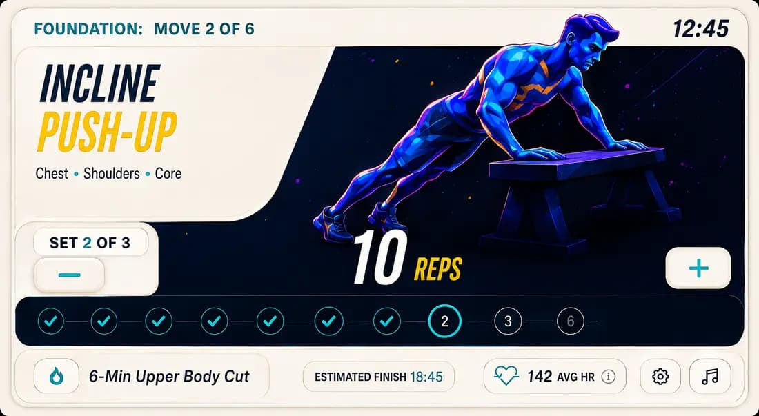 Smart Fit guided workout screen: Incline Push-up, set 2 of 3, 10 reps