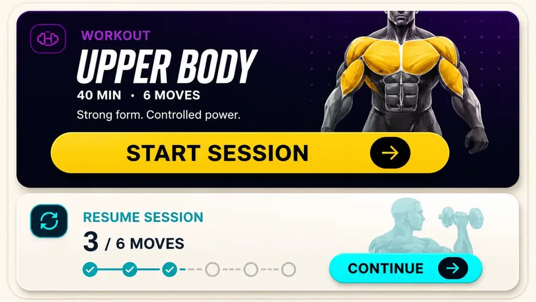 Smart Fit workout cards: Upper Body 40 min, 6 moves, and Resume Session 3 of 6