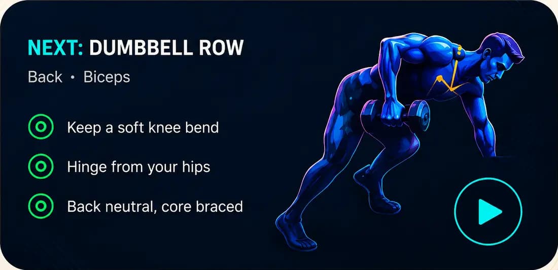 Smart Fit coaching cue card: Next Dumbbell Row, keep a soft knee bend, hinge from your hips, back neutral, core braced